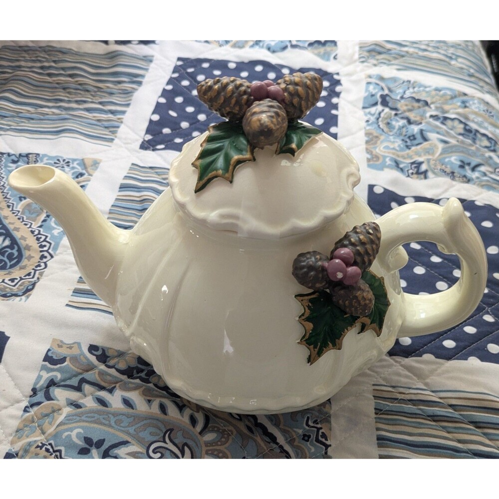 Cream Ceramic Teapot 3D Pinecone Holly Berry Holiday Winter Decor 6.5" Tall
